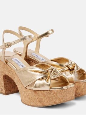 NWOT Jimmy Choo Heloise Metallic Gold Knotted Leather Cork Platform Sandals
